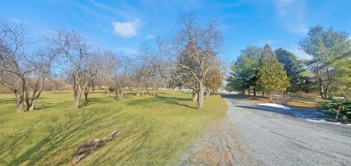 A serene exterior scene featuring bare trees, a wide grassy area, and a gravel pathway winding through the property. The setting is peaceful and ideal for walking, picnicking, and observing nature. The image alludes to seasonal changes and the potential for wildlife sightings, reinforcing a connection with the outdoors.