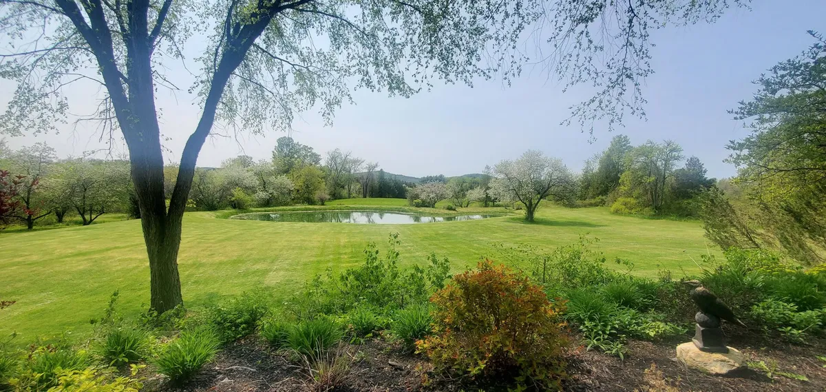 A peaceful pond surrounded by mature trees and lush lawn, perfect for picnicking, relaxing, or nature walks. The serene waters reflect the sky, and the setting feels private and inviting for families to gather, play, or watch wildlife together.