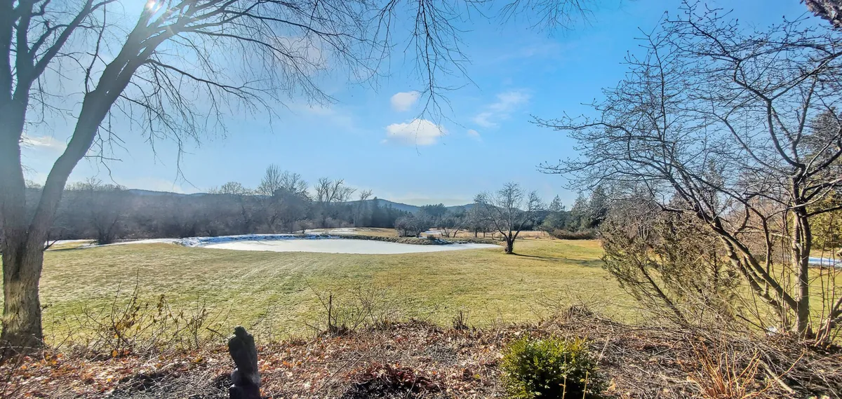 A sweeping view of an expansive green field bordered by distant mountains and a partially frozen pond, with leafless trees dotting the landscape. The scene is tranquil and open, evoking the freedom and beauty of Vermont's countryside. The area is perfect for activities like picnicking, birdwatching, nature walks, and photography.
